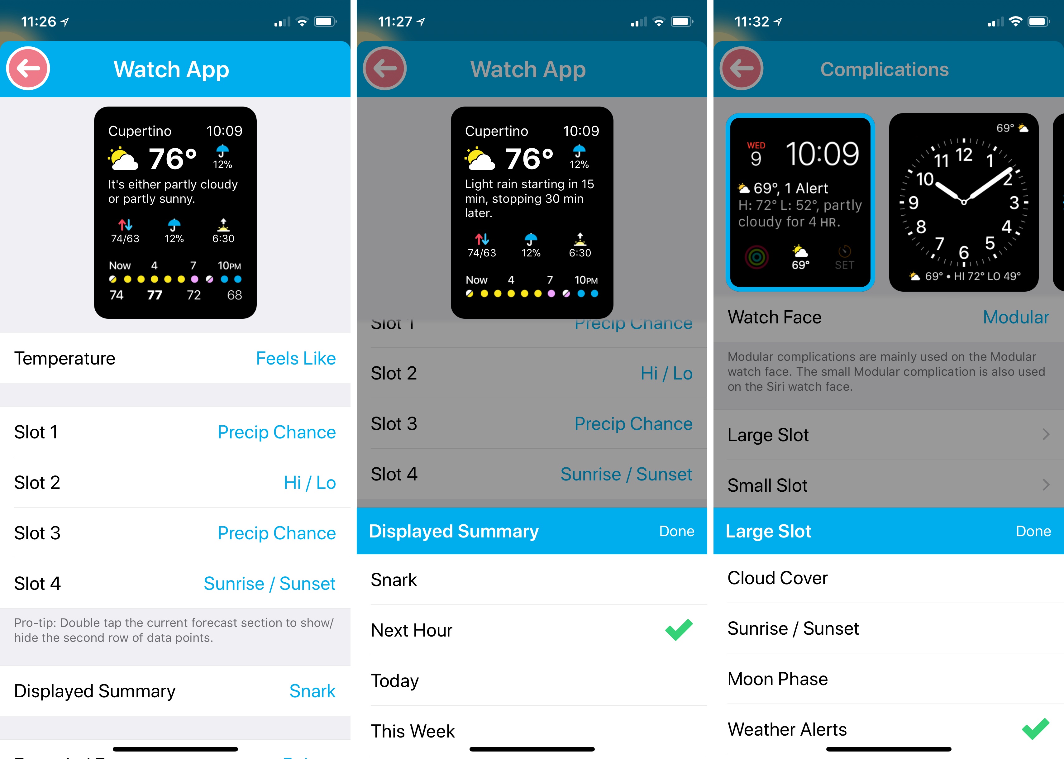 Customization options for CARROT Weather's Watch app and complications.