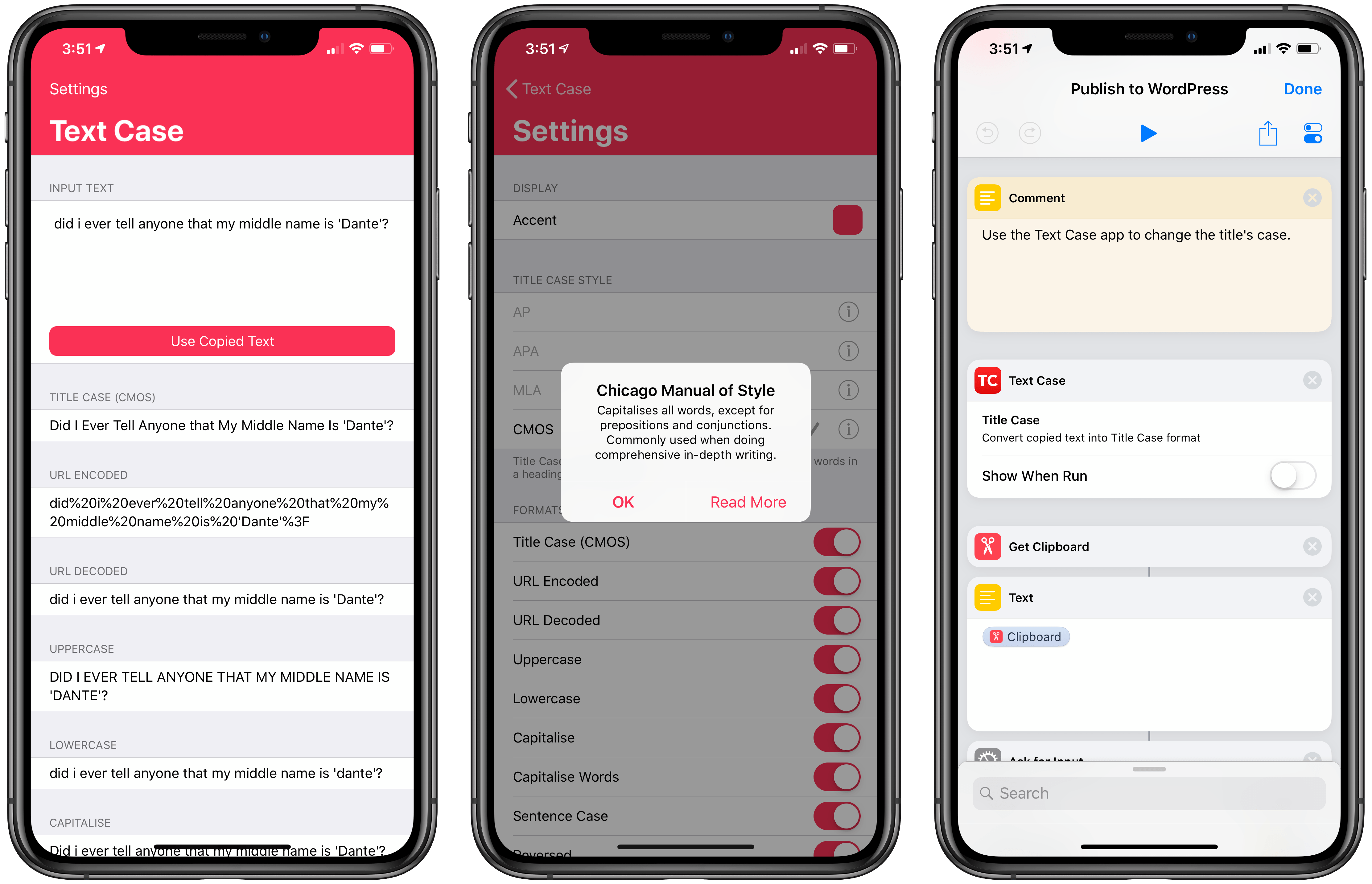 Text Case offers text capitalization shortcuts that can be used in the Shortcuts app (right).