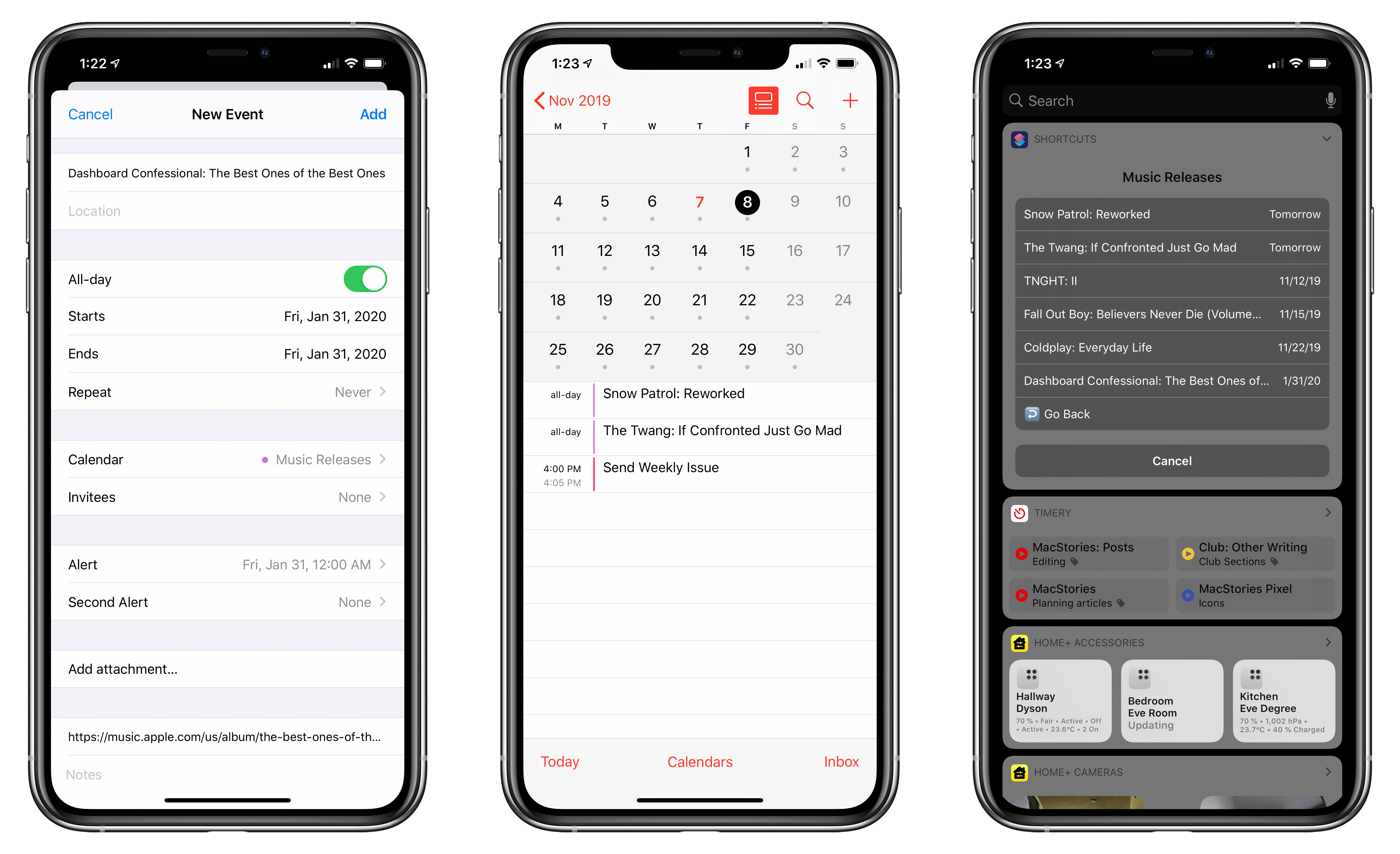 I can see upcoming music releases in the Calendar app as well as custom shortcuts that integrate with the system calendar.