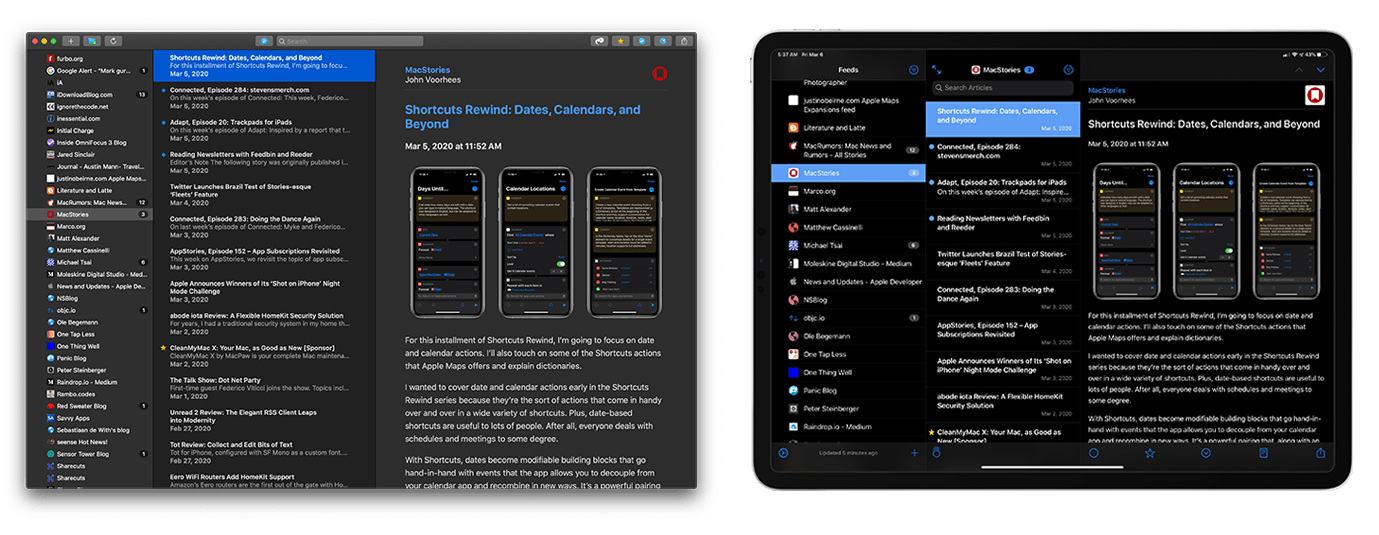 NetNewsWire running in dark mode on the Mac (left) and iPad (right).