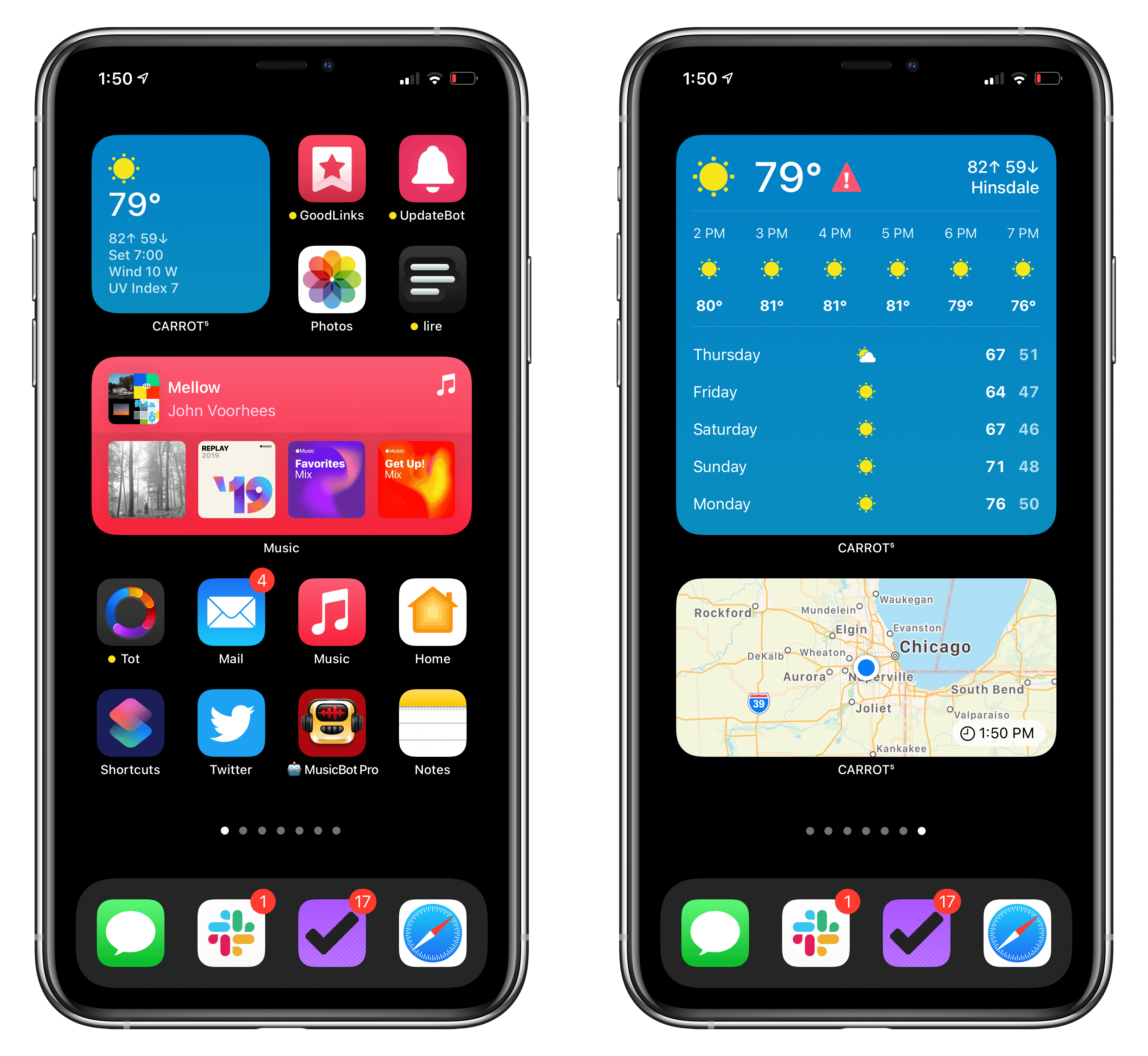 I'm currently using a small CARROT widget on my first Home screen and the large Forecast and medium Weather Map widget on a dedicated weather page.